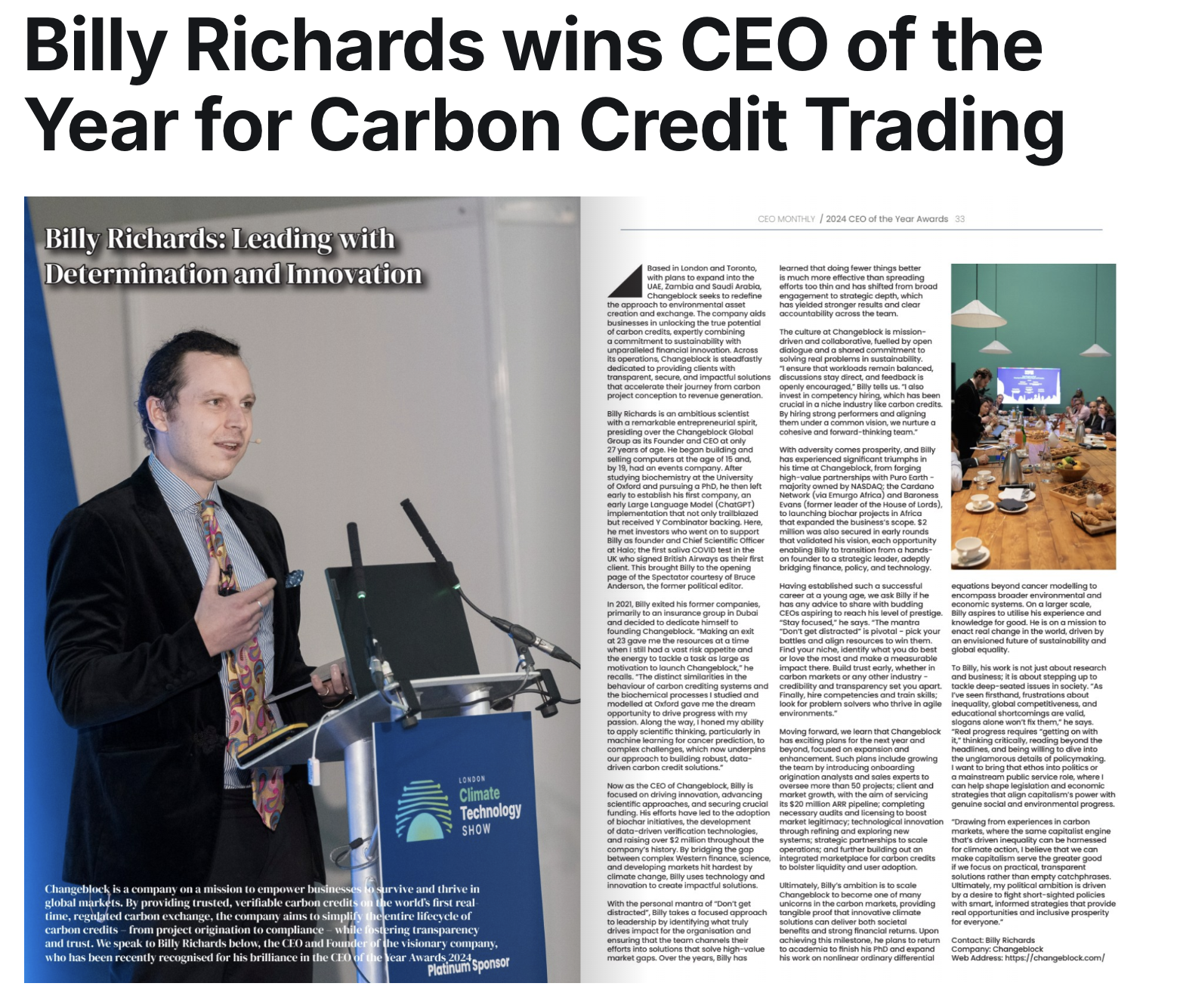 Billy Richards wins CEO of the Year for Carbon Credit Trading