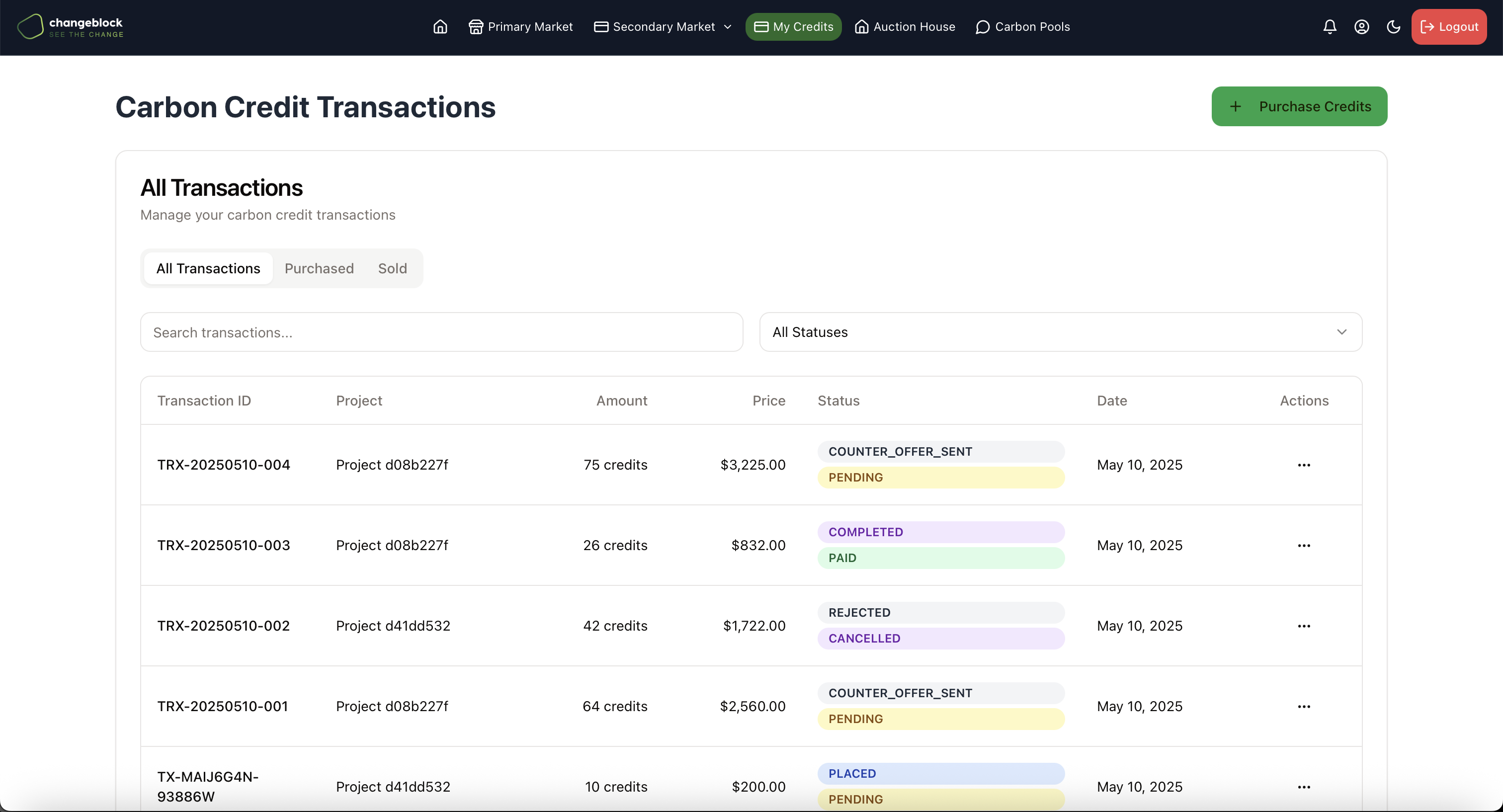 Carbon Credit Transactions screenshot - View all transactions with comprehensive details including buyer, amount, price, status, and date.