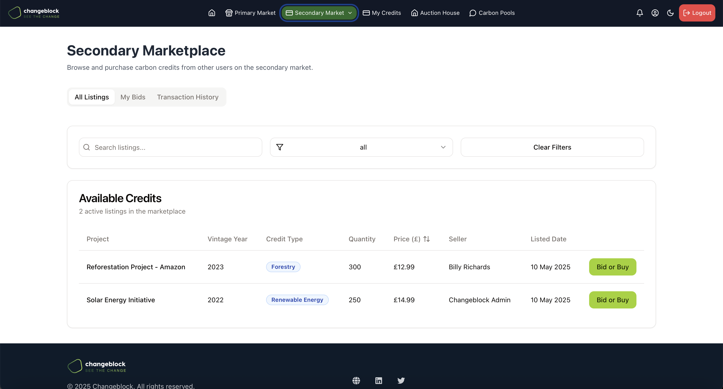 Secondary Marketplace screenshot - Access the secondary market for carbon credits with transparent pricing and ownership history.