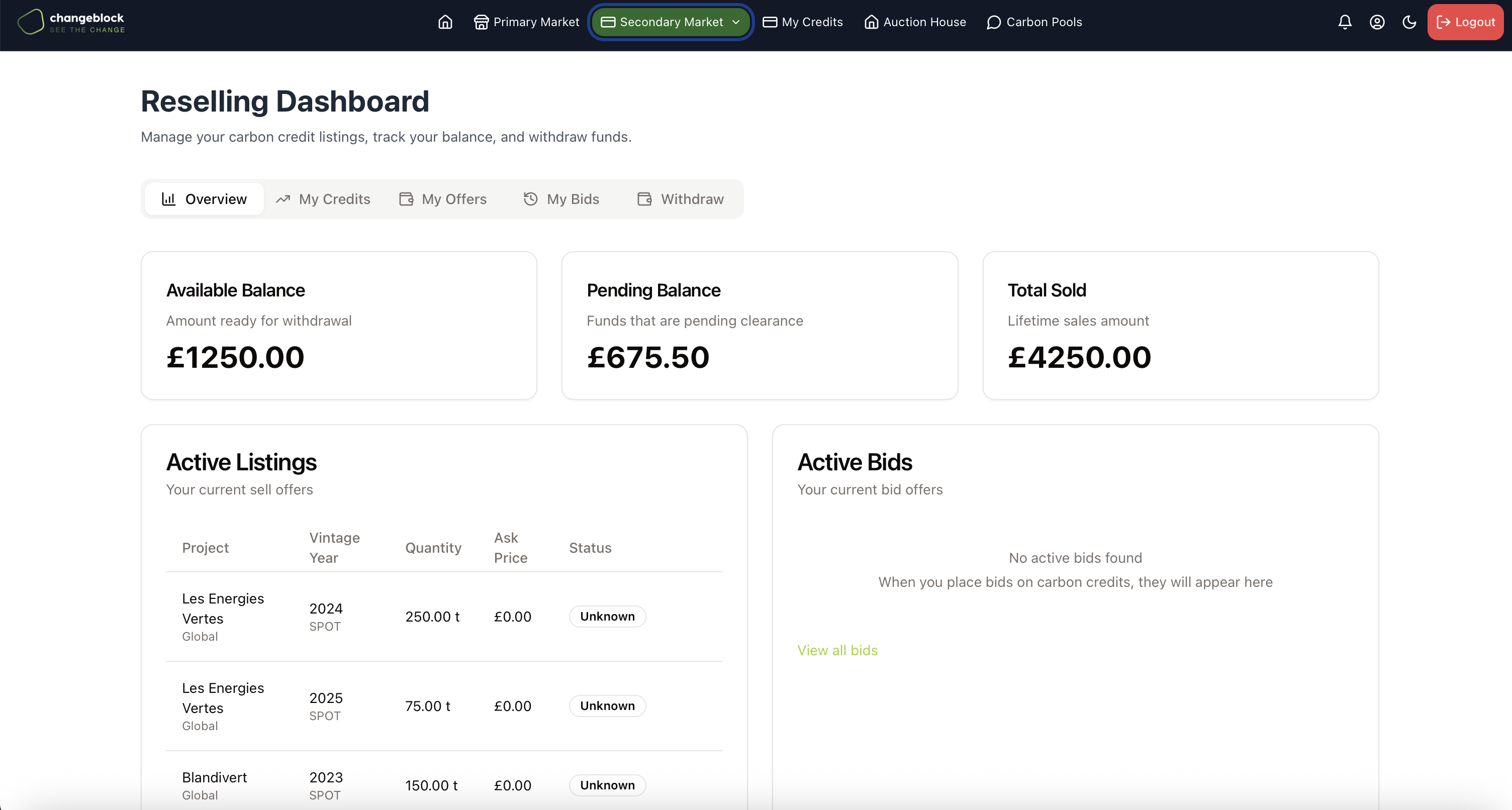Reselling Dashboard screenshot - Manage your carbon credit listings and track active bids in our reselling platform.