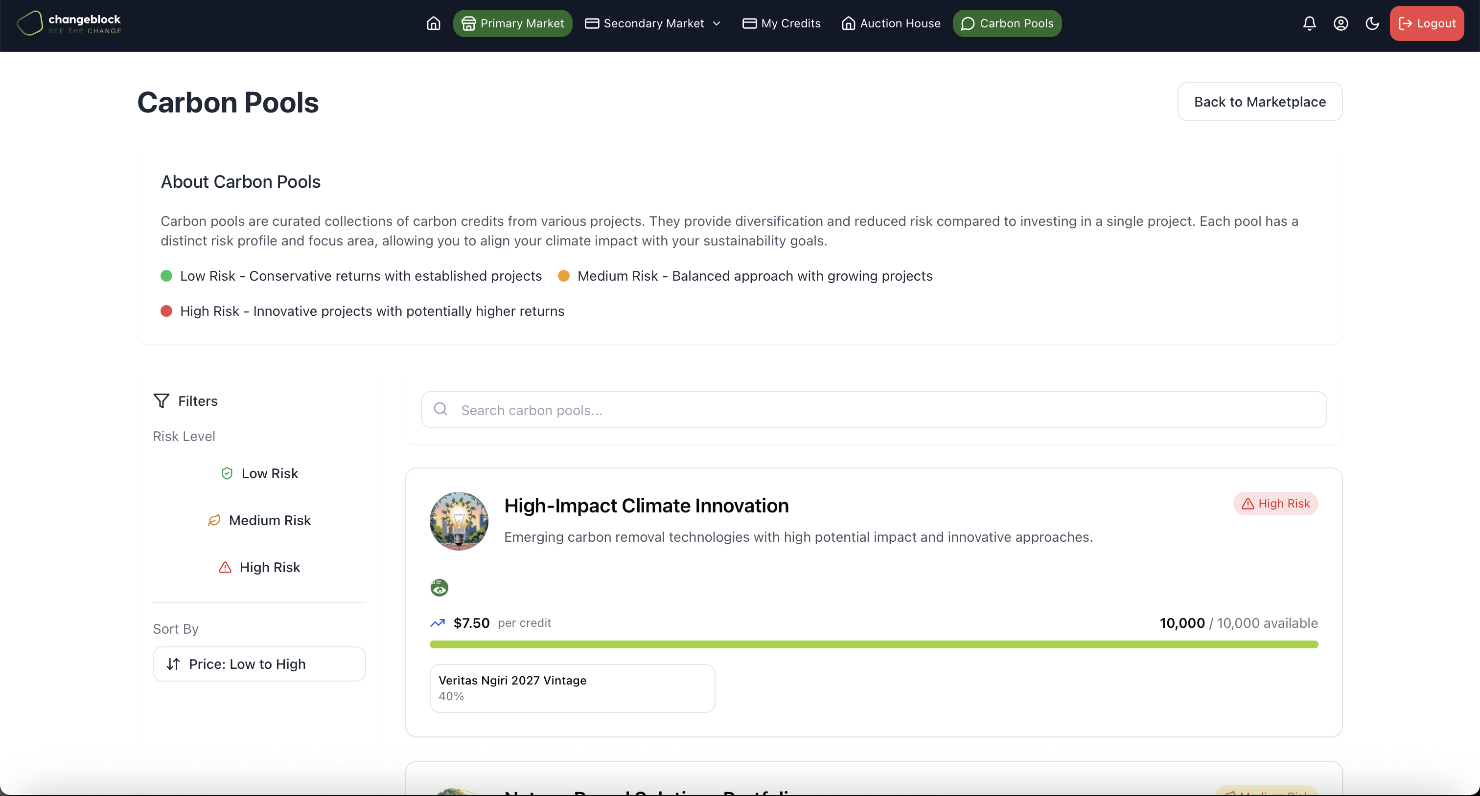 Carbon Pools screenshot - Diversify your investment across multiple carbon credit projects with our pooling mechanism.